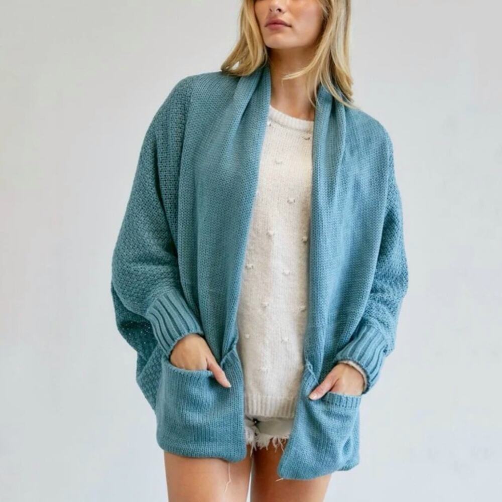 NWT Davi & Dani Dolman Sleeve Knit Pattern Cardigan Blue Casual Boho Size 3XL
